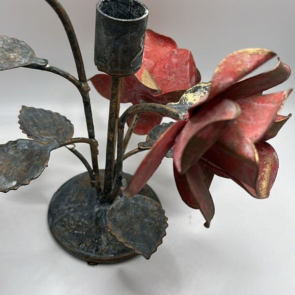 Metal Candle Holder Aged Welded Rustic Patina Pink Metallic Gold Roses w/ Leaves - Picture 13 of 17
